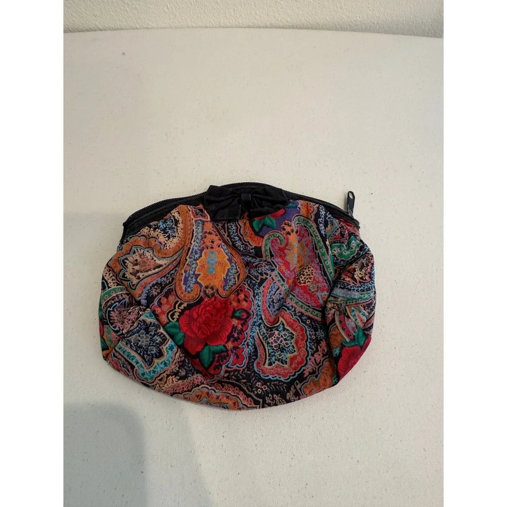 Vintage Paisley Floral Tapestry Cosmetic Bag Black Bow Zipper Makeup Pouch‎